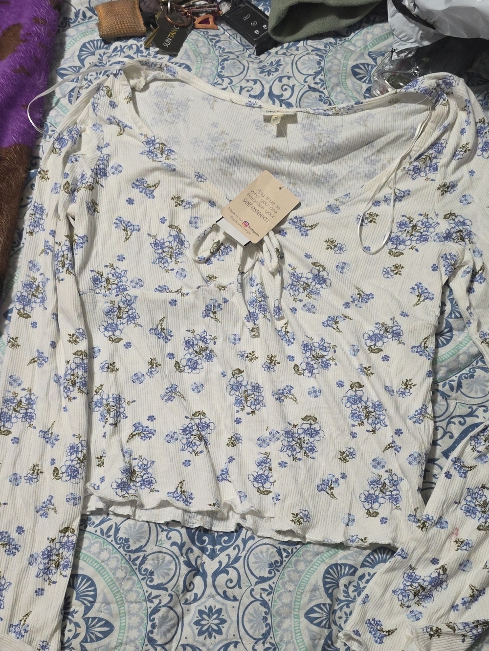 Self Esteem Cream Long Sleeve Floral Tie-Front Top with Blue Print